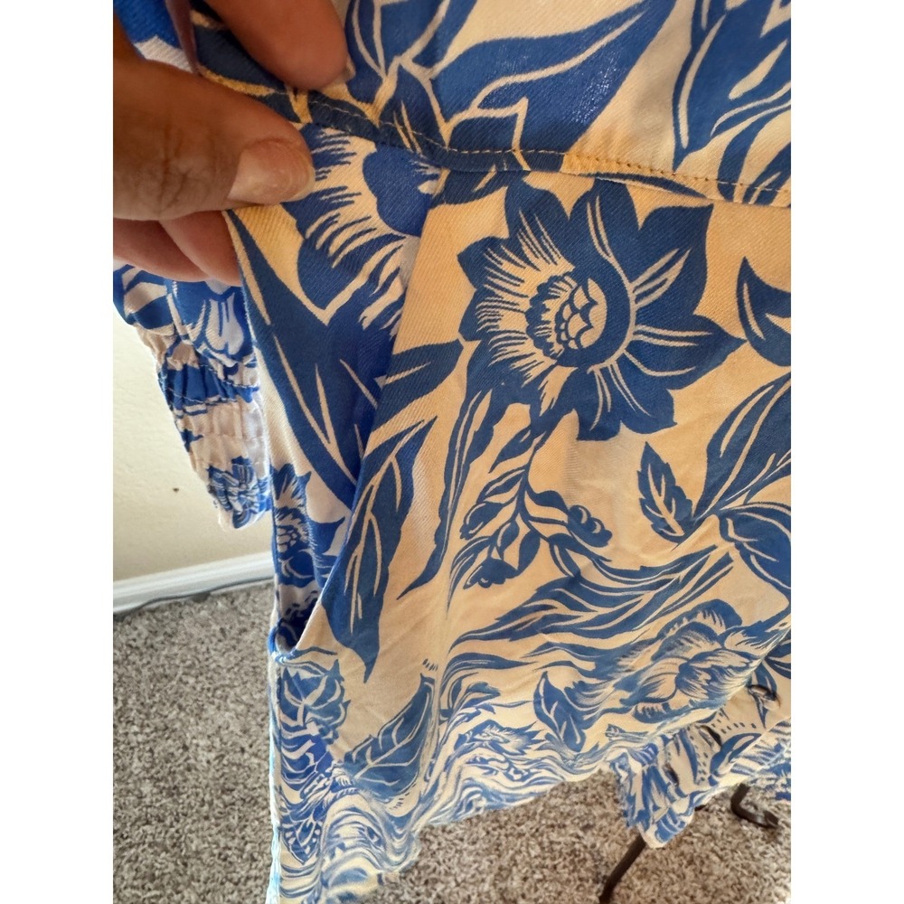 Blue Floral Button Down Shirt Dress Smocked Cuff Elastic Waist Midi Blue Cream - Picture 3 of 7